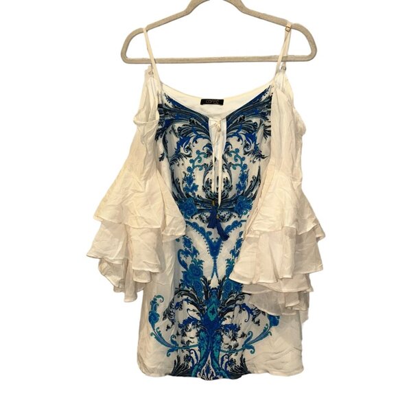 Caffe SWIM 100% SILK indigo blue flutter cold shoulder sleeve tunic COVER top S - Picture 1 of 6